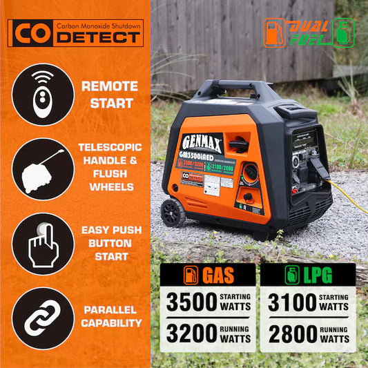 GENMAX GM3500iAED Dual Fuel Inverter Generator 3500 Starting Watts 3200 Running Watts Remote Electric Start Gas Propane