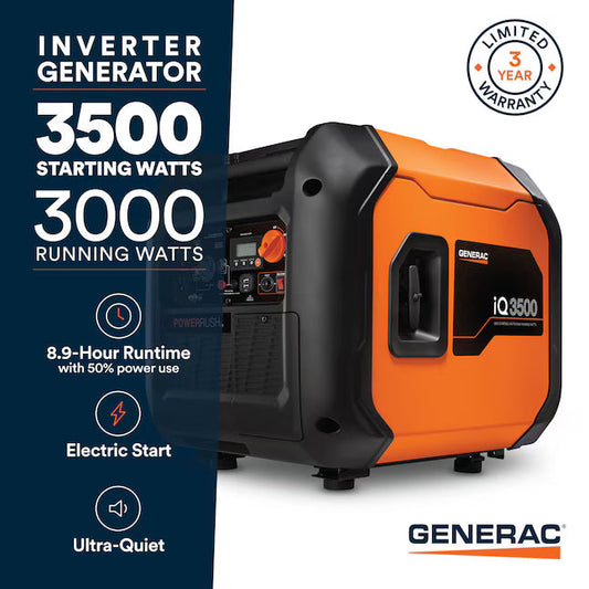 Generac iQ3500 Portable Inverter Generator 3500 Starting 3000 Running Watt Electric Start COsense