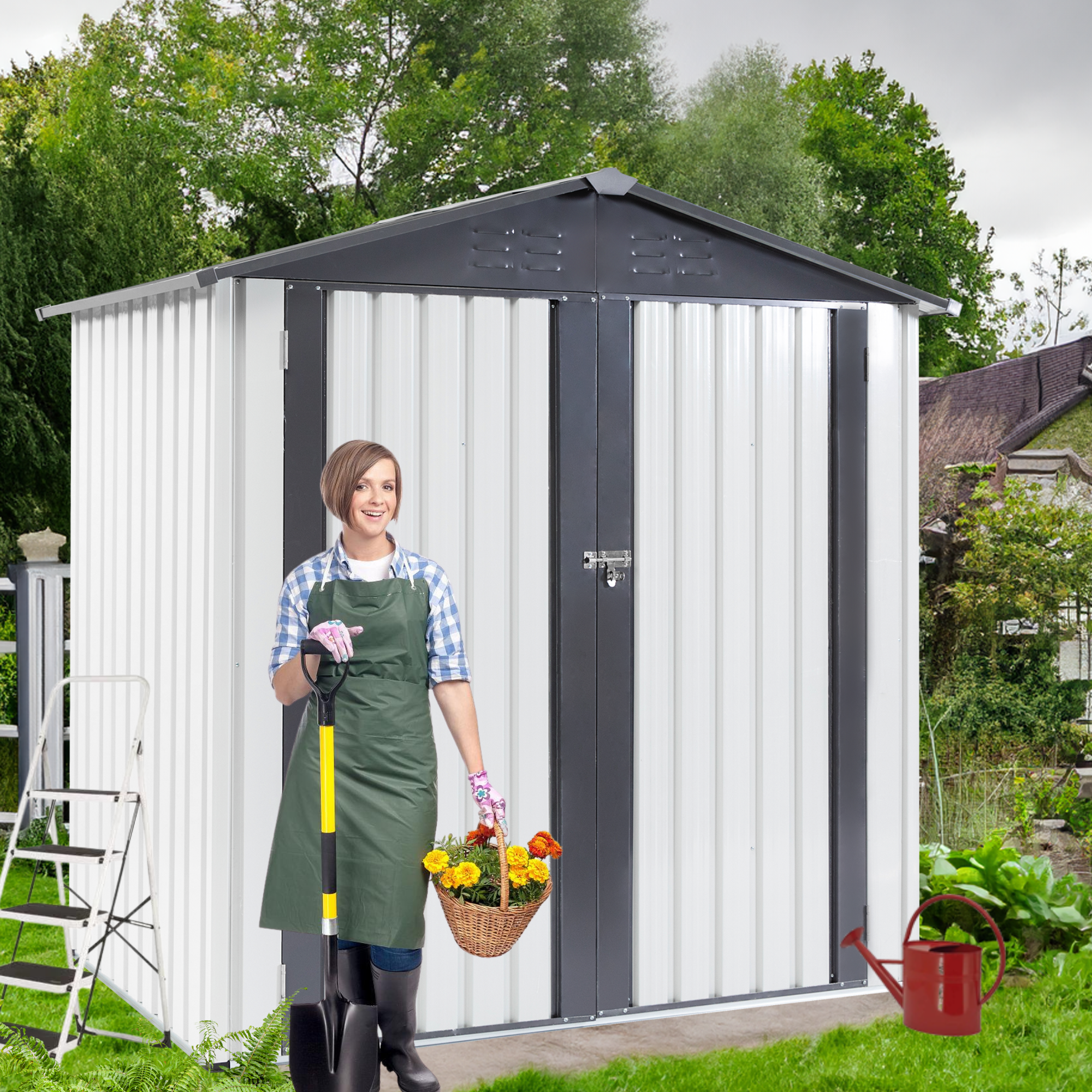 XWT014 Metal Garden Storage Shed – Gray/White