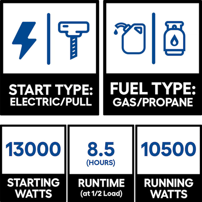 DuroMax XP13000HX Dual Fuel Generator 13000 Starting Watts 10500 Running Watts Electric Start Gas Propane Portable Generator