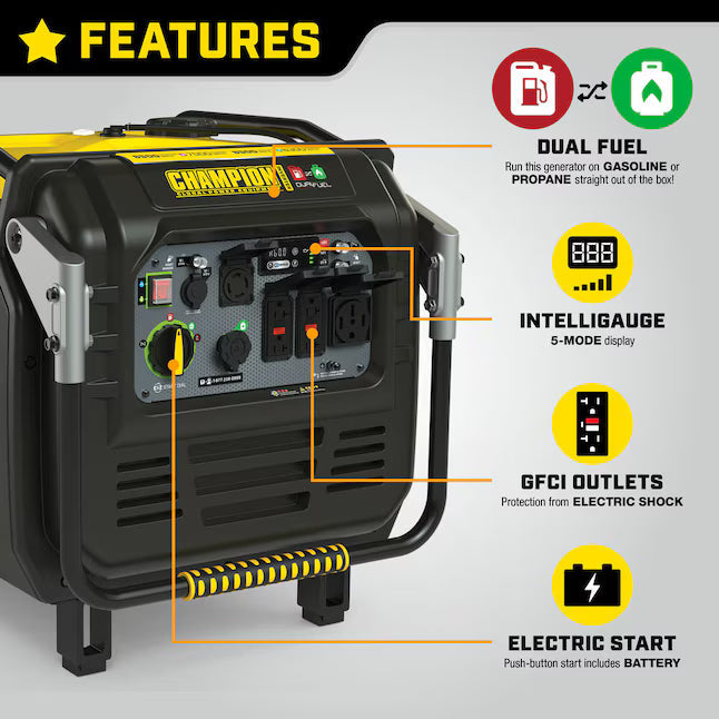 Champion Power Equipment CO Shield Electric Start Quiet Technology Dual Fuel Inverter Generator 8500 Starting Watts 7000 Running Watts Gas Propane Portable Generator