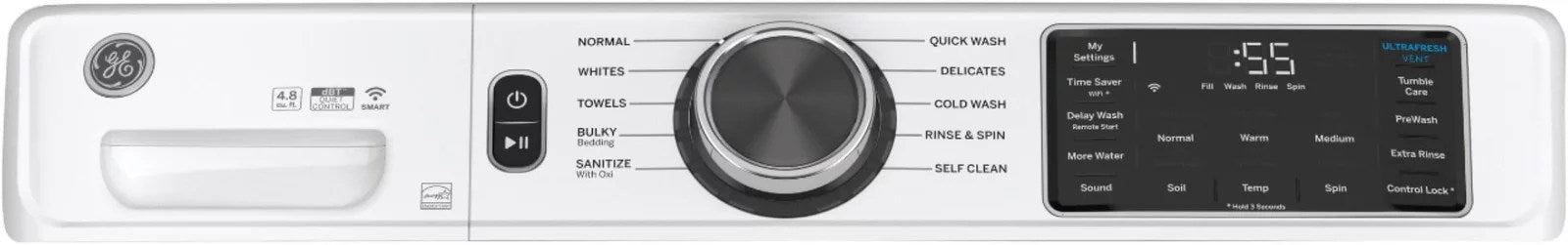 GE – 4.8 CuFt High-Efficiency Stackable Smart Front Load Washer w/UltraFresh Vent System & Microban Antimicrobial Technology – White on white