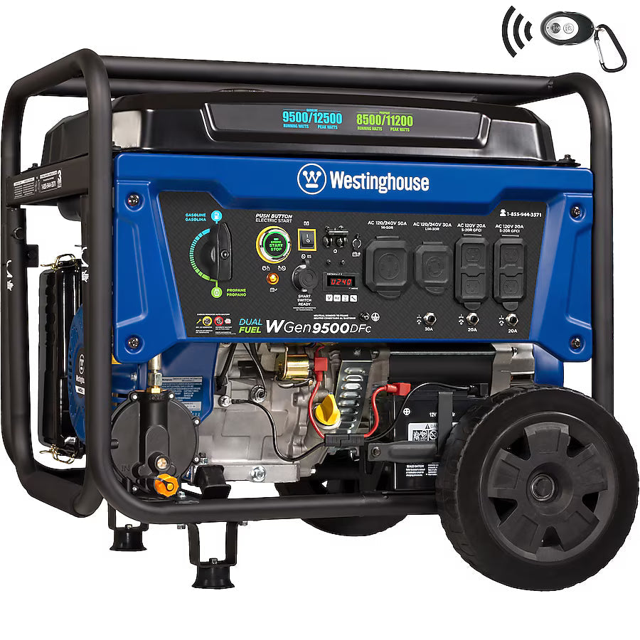 Westinghouse WGen9500DFc Dual Fuel Portable Generator 12500 Starting 9500 Running Watt Remote Electric Start Gas Propane