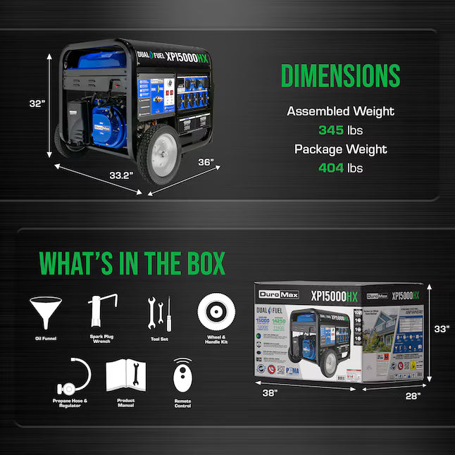 DuroMax XP15000HX Dual Fuel Generator 15000 Starting Watts 12000 Running Watts Electric Start Gas Propane Portable Generator