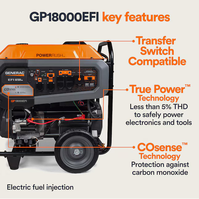 Generac GP18000EFI Portable Generator 22500 Starting 18000 Running Watt EFI Electric Start COsense