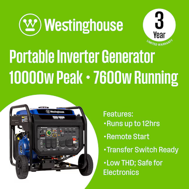 Westinghouse ecoGen10000 Portable Inverter Generator 10000 Starting Watts 7600 Running Watts Remote Electric Start
