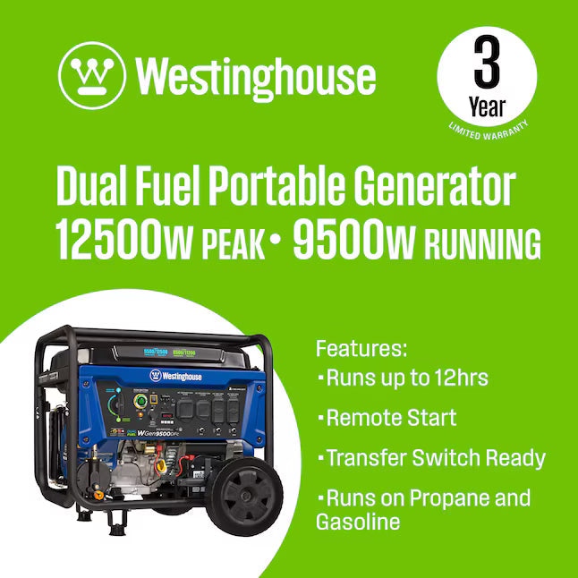 Westinghouse WGen9500DFc Dual Fuel Portable Generator 12500 Starting 9500 Running Watt Remote Electric Start Gas Propane