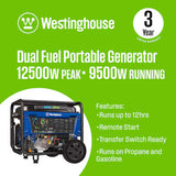 Westinghouse WGen9500DFc Dual Fuel Portable Generator 12500 Starting 9500 Running Watt Remote Electric Start Gas Propane