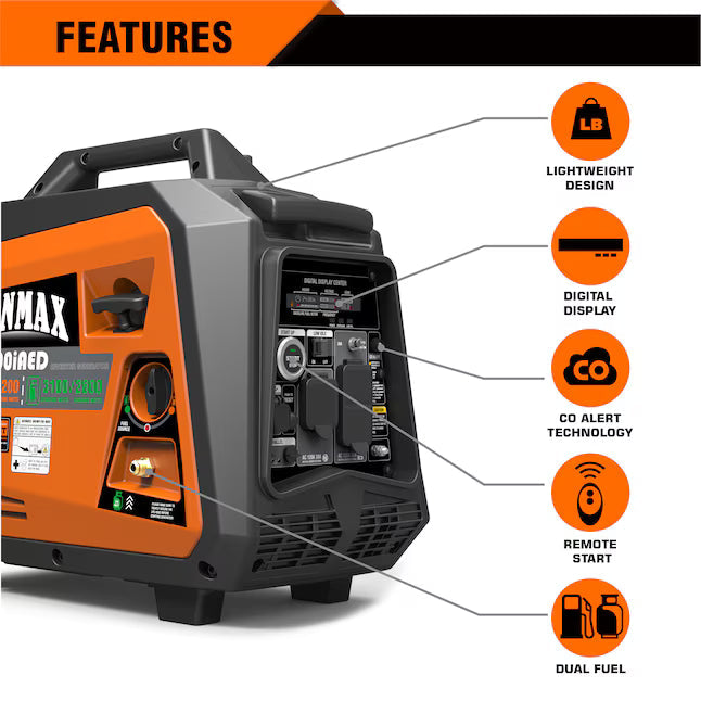 GENMAX GM3500iAED Dual Fuel Inverter Generator 3500 Starting Watts 3200 Running Watts Remote Electric Start Gas Propane