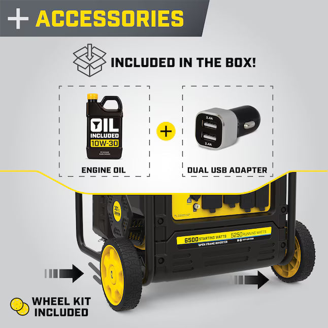 Champion Power Equipment CO Shield RV Ready Quiet Technology Open Frame Inverter Generator 6500 Starting Watts 5250 Running Watts Gasoline Portable Generator