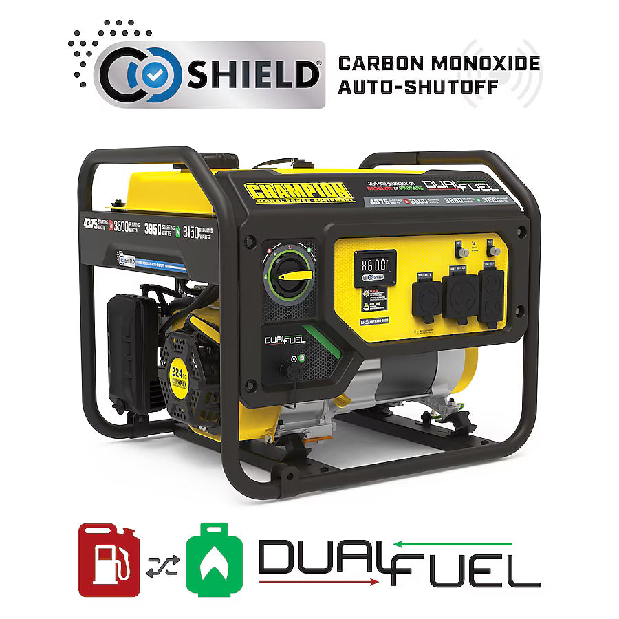 Champion 4375 Watt Dual Fuel Portable Generator Gas Propane CO Shield RV Ready 3500 Running Watts