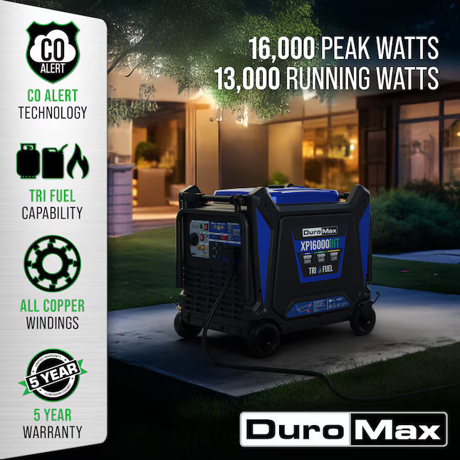 DuroMax XP16000iHT Tri Fuel Inverter Generator 16000 Starting Watts 13000 Running Watts Remote Start Gas Propane Natural Gas Portable Generator