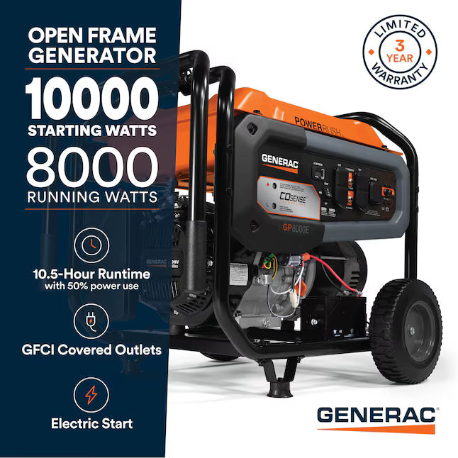 Generac GP8000E Portable Generator 10000 Starting 8000 Running Watt Electric Start COsense Gas Generator