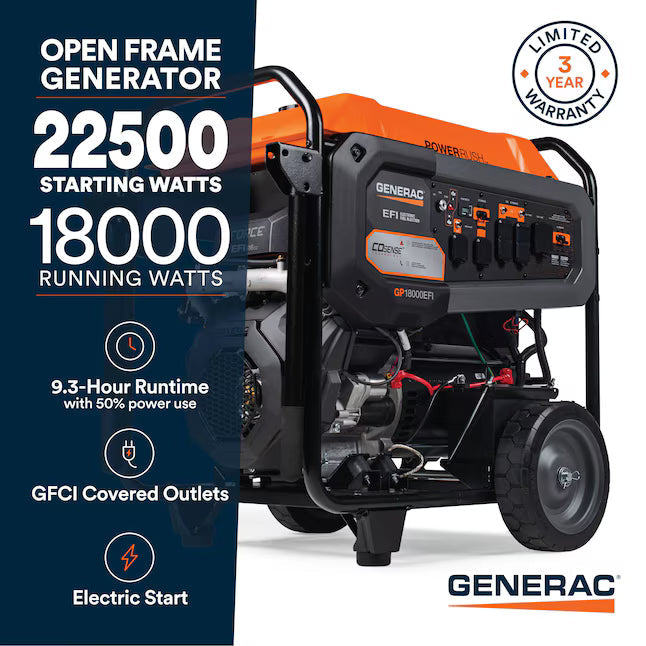 Generac GP18000EFI 22500 Starting 18000 Running Watt Gas Portable Generator Electric Start COsense EFI