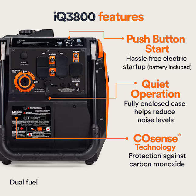 Generac iQ3800 Dual Fuel Inverter Generator 3800 Starting 3000 Running Watt Electric Start Gas Propane