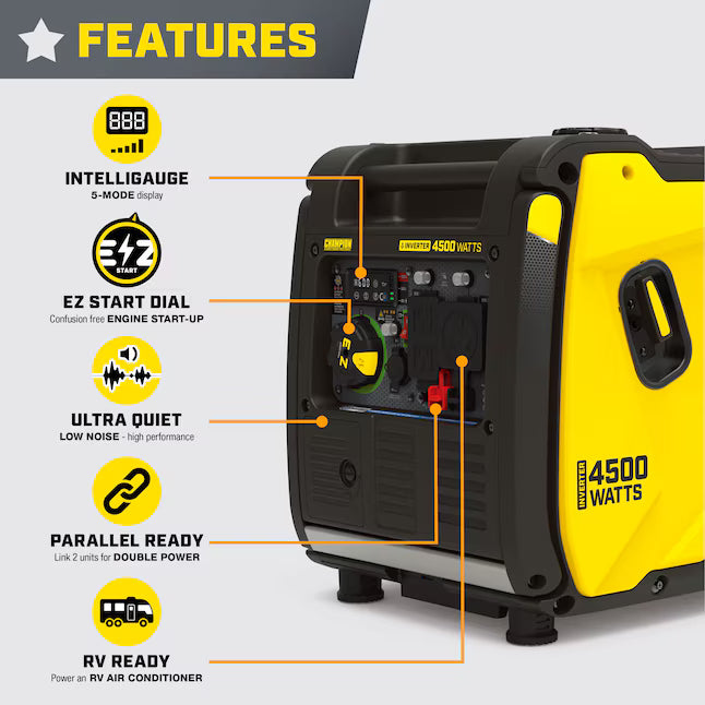 Champion 4500W Wireless Remote Start RV Ready Inverter Generator 4500 Starting / 3500 Running Watt Gasoline Portable Generator