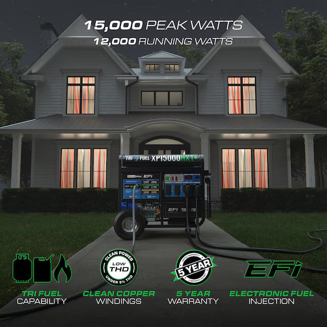 DuroMax EFI Tri Fuel Generator 15000 Starting Watts 12000 Running Watts Remote Start Gas Propane Natural Gas Portable Generator