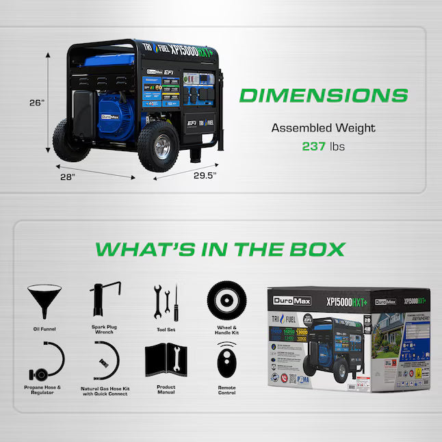 DuroMax EFI Tri Fuel Generator 15000 Starting Watts 12000 Running Watts Remote Start Gas Propane Natural Gas Portable Generator