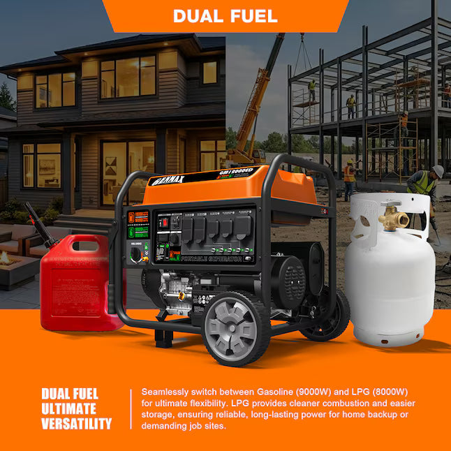 GENMAX GM12000ED Dual Fuel Portable Generator 12000 Starting Watts 9000 Running Watts Electric Start Gas Propane