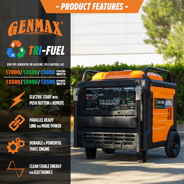 GENMAX GM17000iETC Tri Fuel Inverter Generator 17000 Starting Watts 13500 Running Watts Electric Start Gas Propane Natural Gas