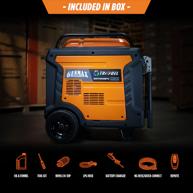 GENMAX GM17000iETC Tri Fuel Inverter Generator 17000 Starting Watts 13500 Running Watts Electric Start Gas Propane Natural Gas