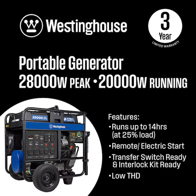 Westinghouse WGen20000c Portable Generator 28000 Starting 20000 Running Watt Gasoline Remote Electric Start