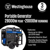 Westinghouse WGen20000c Portable Generator 28000 Starting 20000 Running Watt Gasoline Remote Electric Start