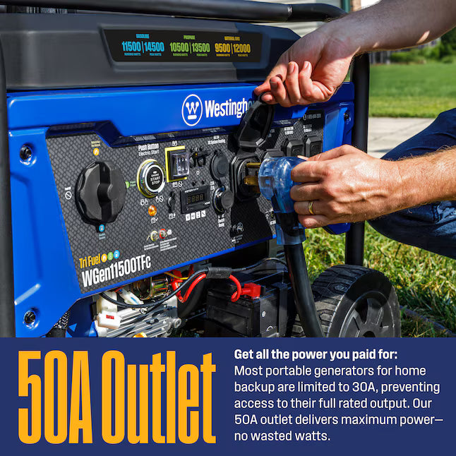 Westinghouse WGen11500TFc Tri Fuel Generator 14500 Starting Watts 11500 Running Watts Remote Electric Start Gas Propane Natural Gas