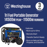 Westinghouse WGen11500TFc Tri Fuel Generator 14500 Starting Watts 11500 Running Watts Remote Electric Start Gas Propane Natural Gas