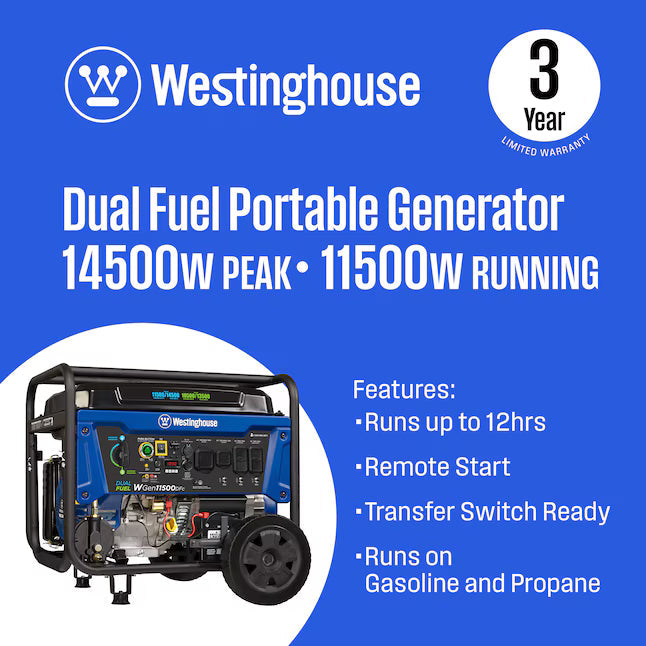 Westinghouse WGen11500DFc Dual Fuel Portable Generator 14500W Remote Start Gas Propane CO Sensor