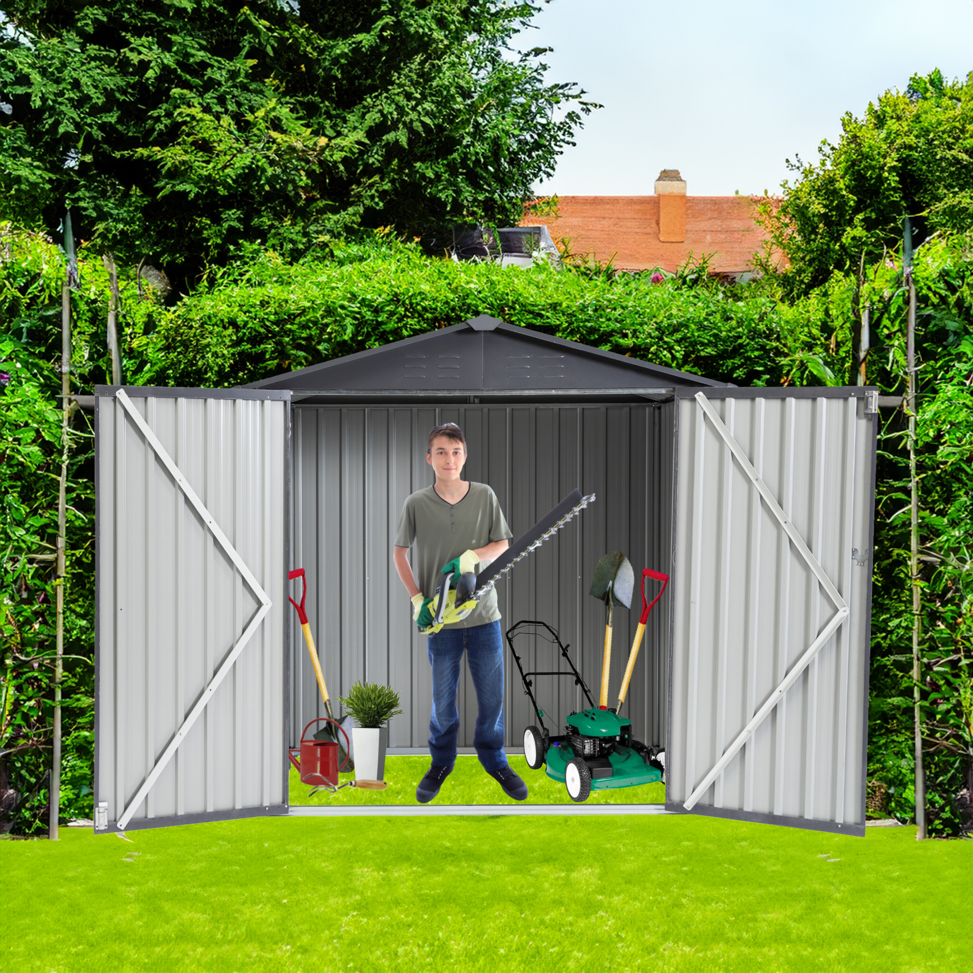 XWT014 Metal Garden Storage Shed – Gray/White