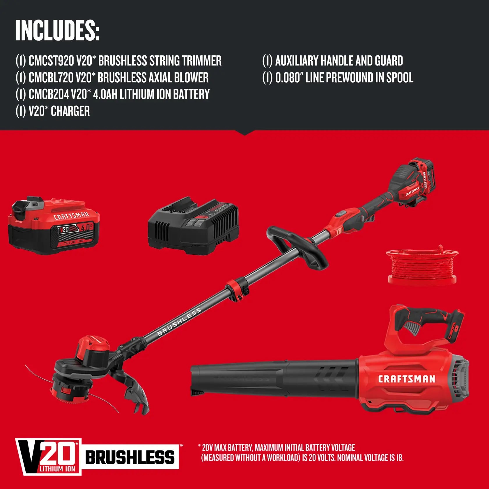 CRAFTSMAN V20 Brushless String Trimmer and Leaf Blower Combo Kit 4.0Ah Battery Charger Included