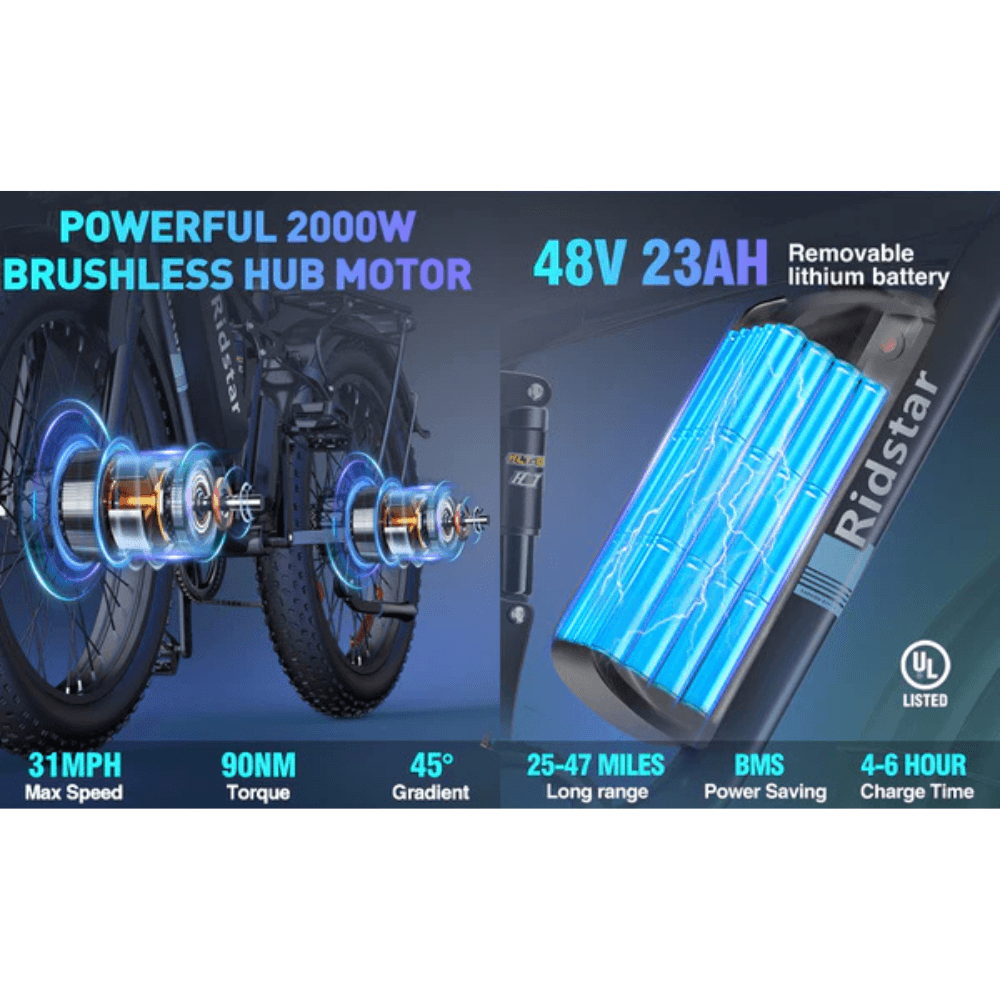 Ridstar E26 Pro Electric Bike Dual 1000W Motors 48V 23Ah Battery 26 Inch Fat Tire E-Bike