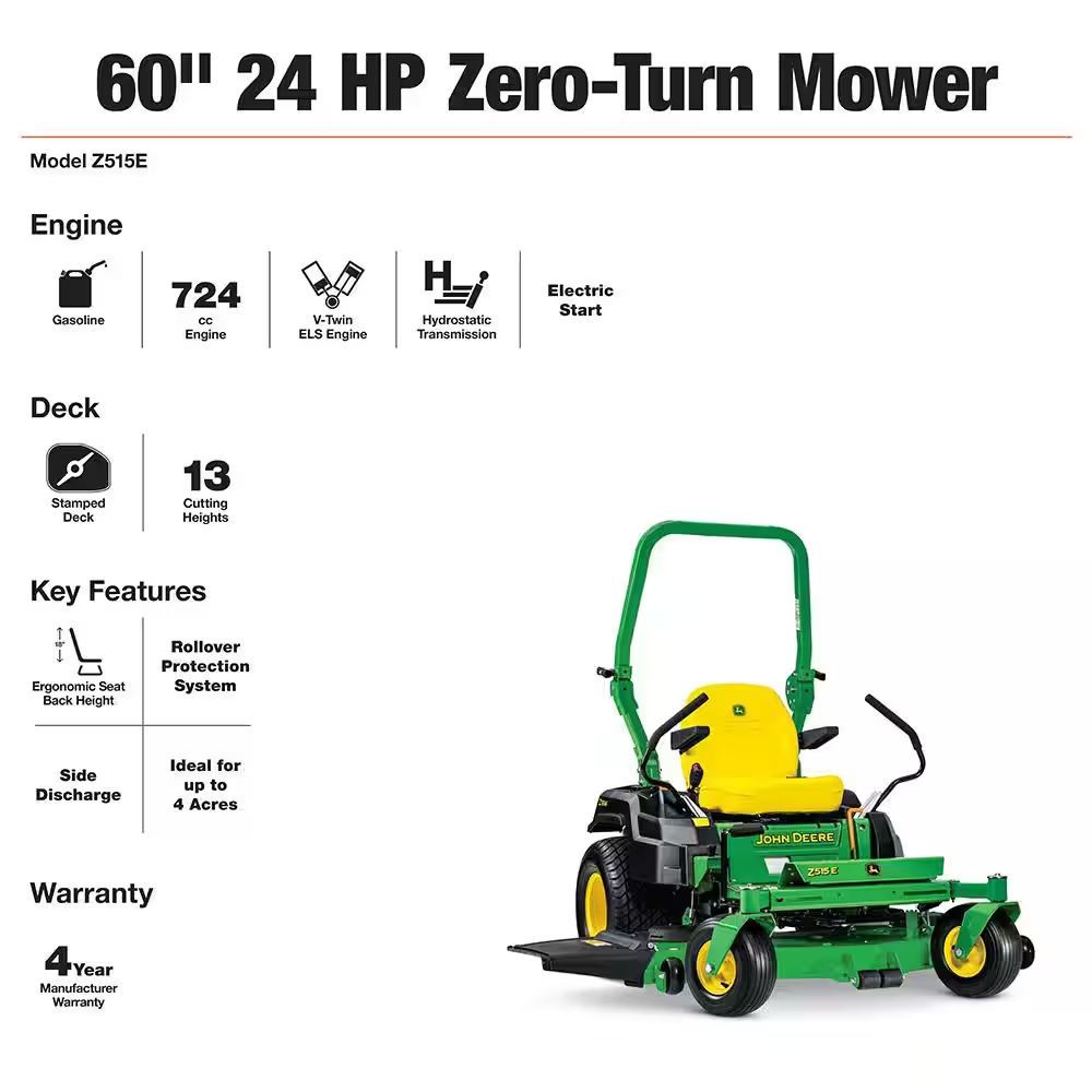 John Deere Z515E Zero Turn Mower 24 HP V Twin ELS Engine 60 Inch Accel Deep Deck