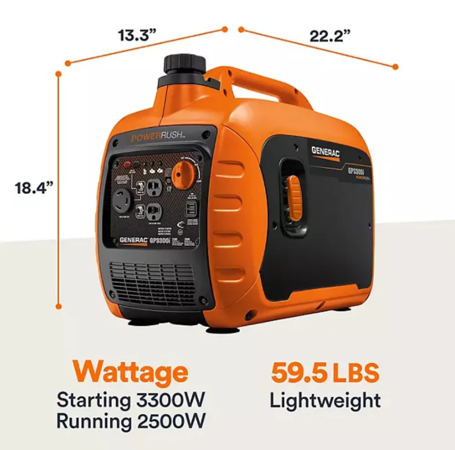 Generac GP3300i Portable Inverter Generator 3300 Starting 2500 Running Watt Gas Powered COsense TruePower