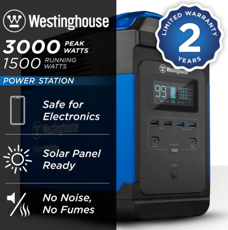 Westinghouse iGen1000S Portable Power Station 1200 Peak Watts 1000 Running Watts 592Wh Lithium Battery Pure Sine Wave
