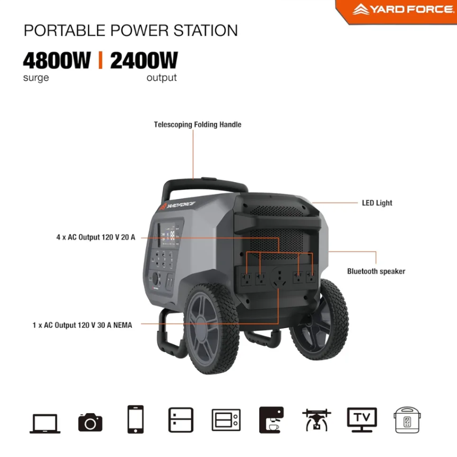 Yard Force Portable Power Station 2400-Watt Continuous 4800-Watt Peak, Bluetooth speaker, WIFI connection, Wireless Charging, RV 30A plug, LED light