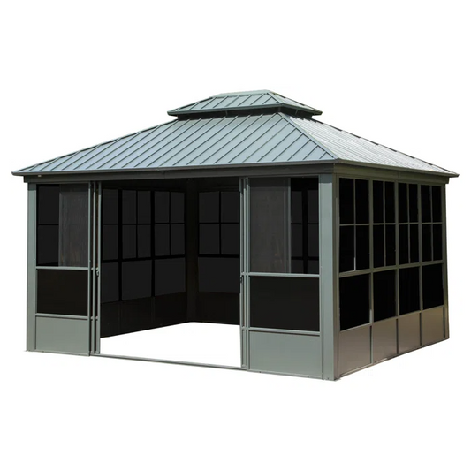 12′ x 14′ Hardtop Aluminum Gazebo with Galvanized Steel Roof & Sliding Doors