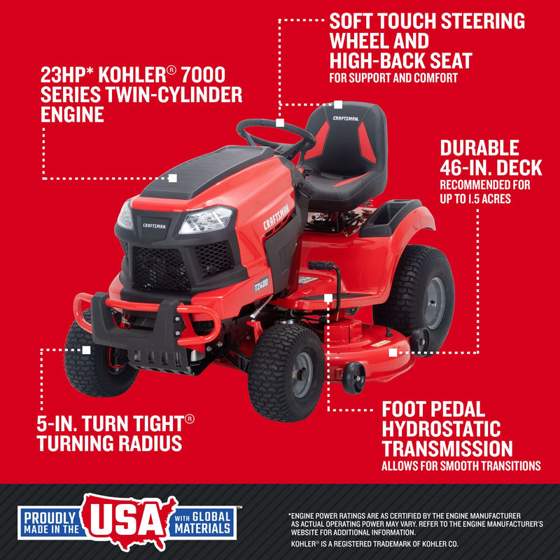 Craftsman T2400 Riding Lawn Mower 23 HP Kohler V Twin Engine 46 Inch Deck Hydrostatic Transmission