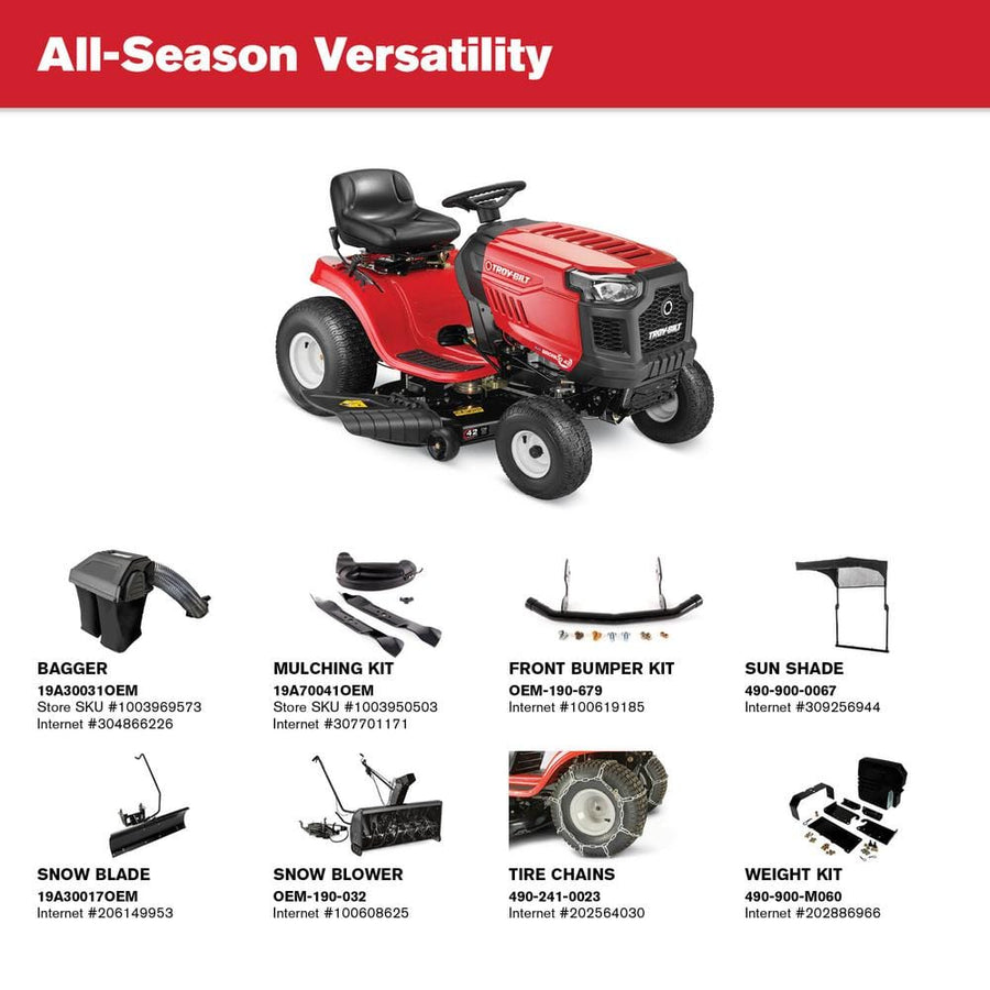 Troy-Bilt Bronco 42 Riding Lawn Tractor 19 HP Briggs Stratton Engine 42 Inch Deck AutoDrive Transmission