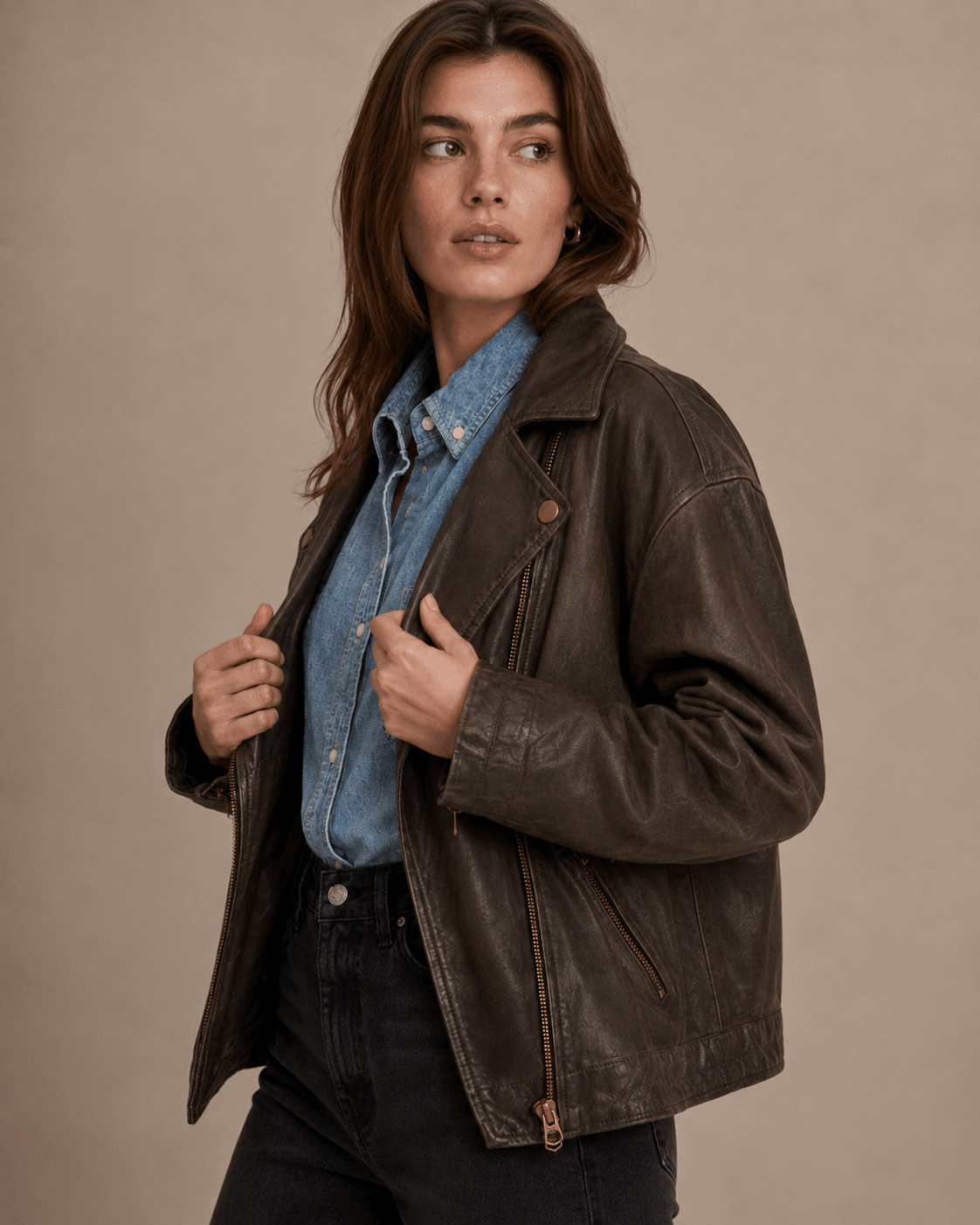 Zayrren Washed Leather Motorcycle Jacket – Brass Hardware Edition