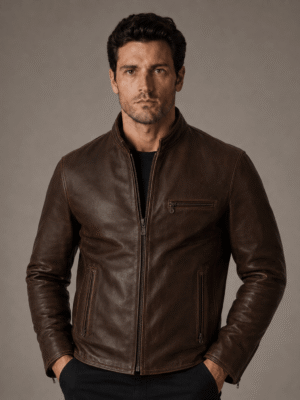 Zayrren Waxed Natural Pebbled Cowhide Cafe Racer Jacket