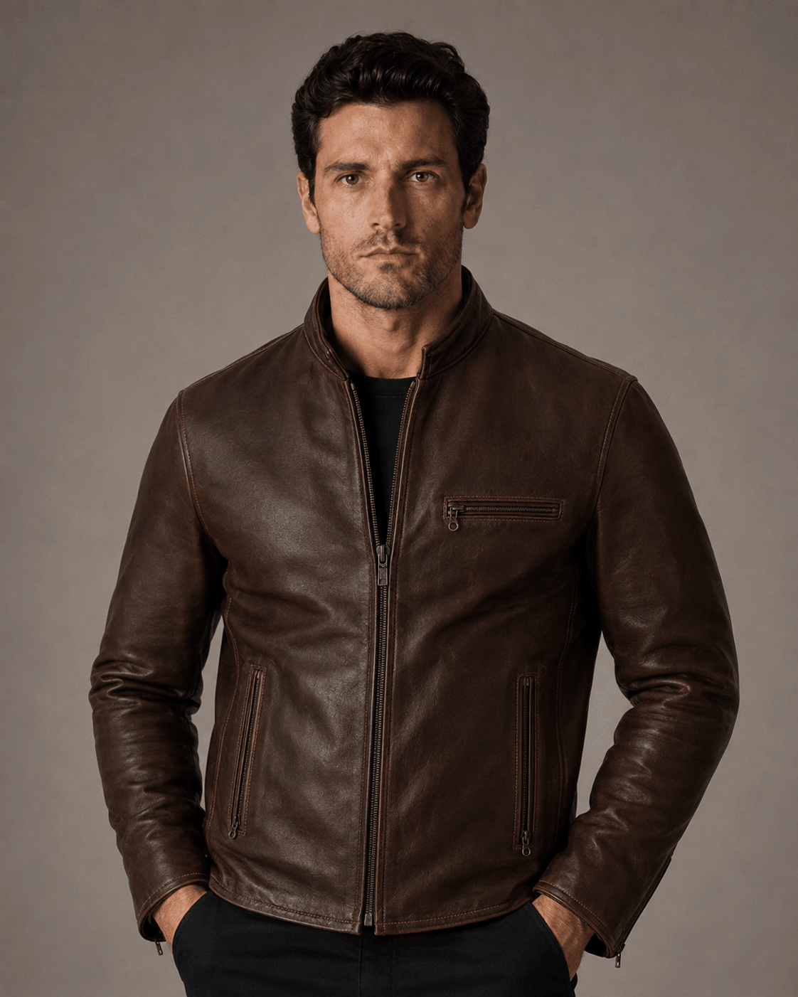 Zayrren Waxed Natural Pebbled Cowhide Cafe Racer Jacket
