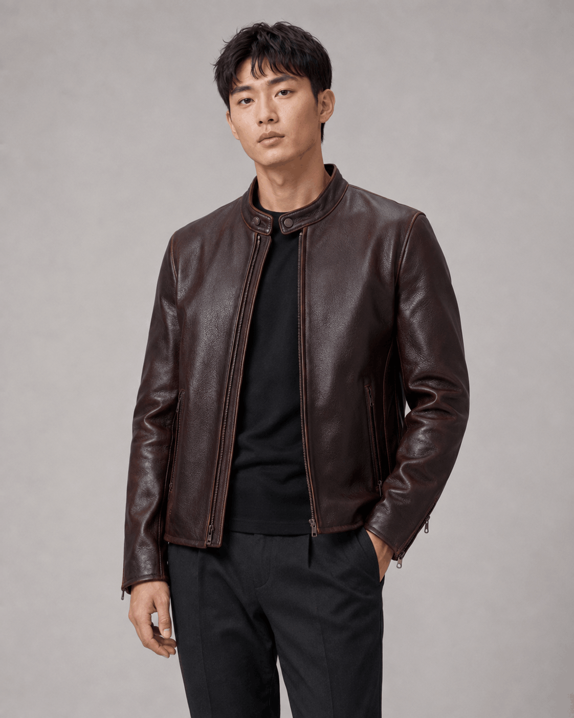 Zayrren Waxy Pull-Up Cowhide Cafe Racer Jacket