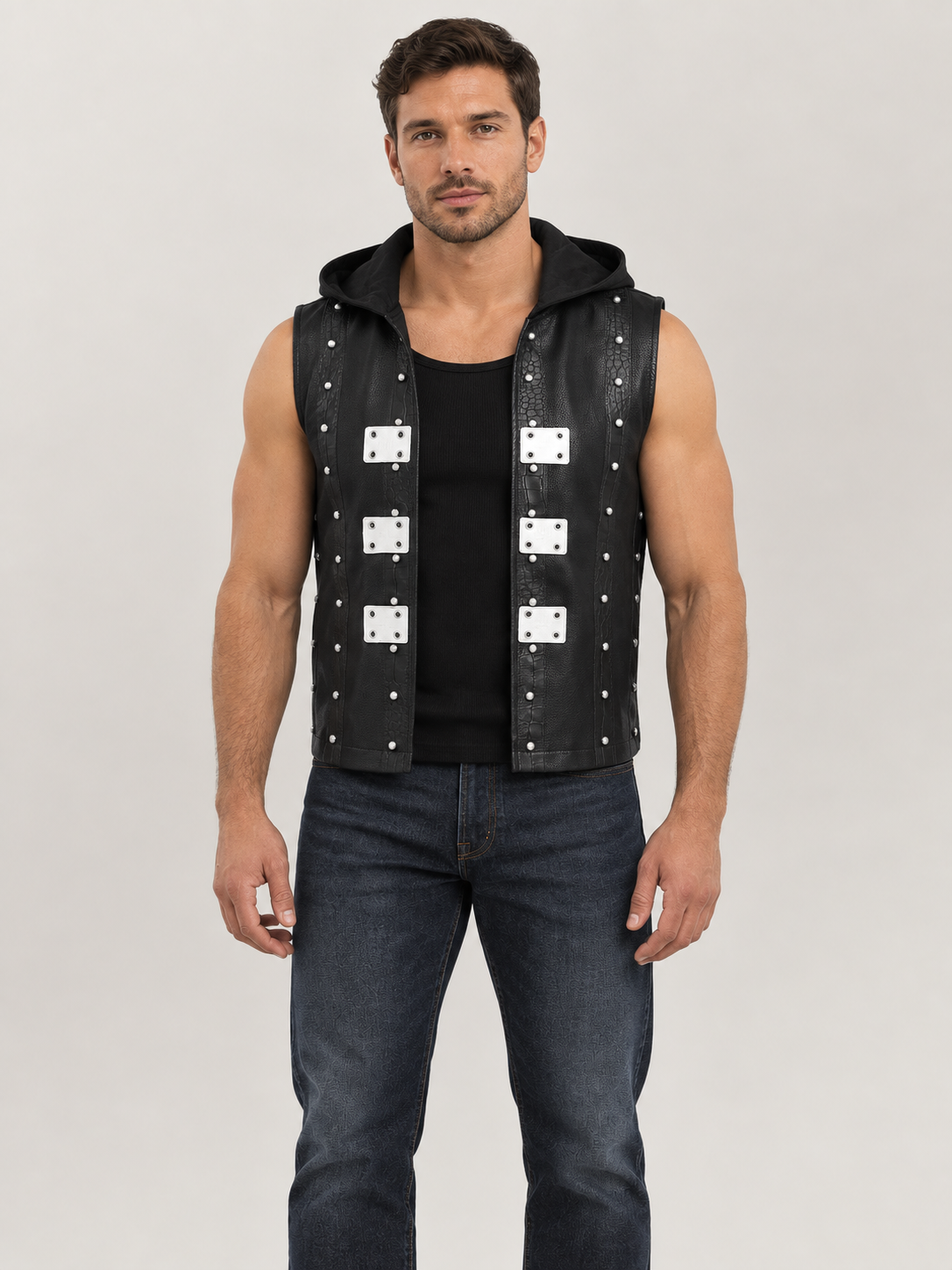 Men's Halloween Black Studded Hooded Leather Vest