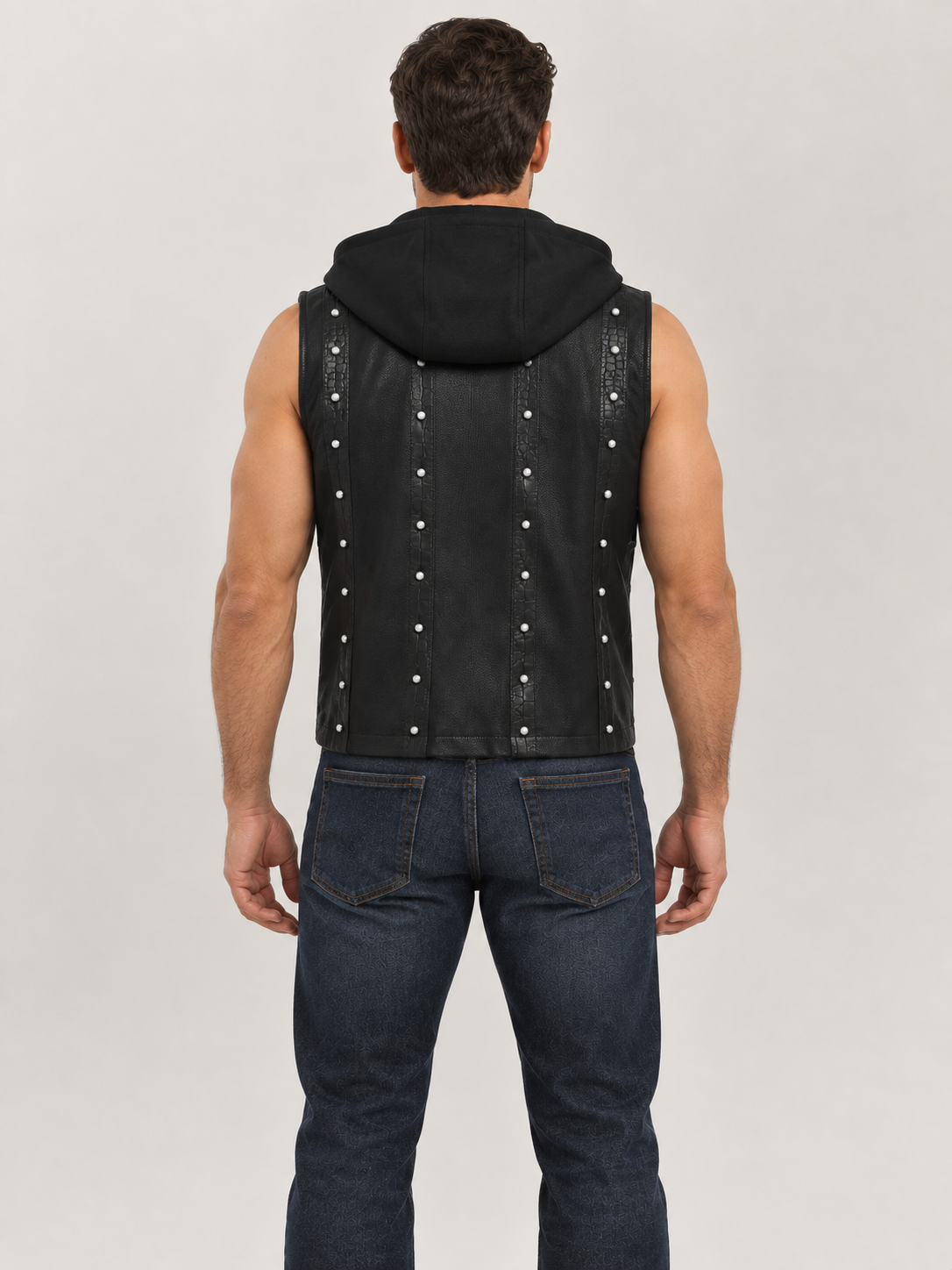 Men's Halloween Black Studded Hooded Leather Vest - Image 2