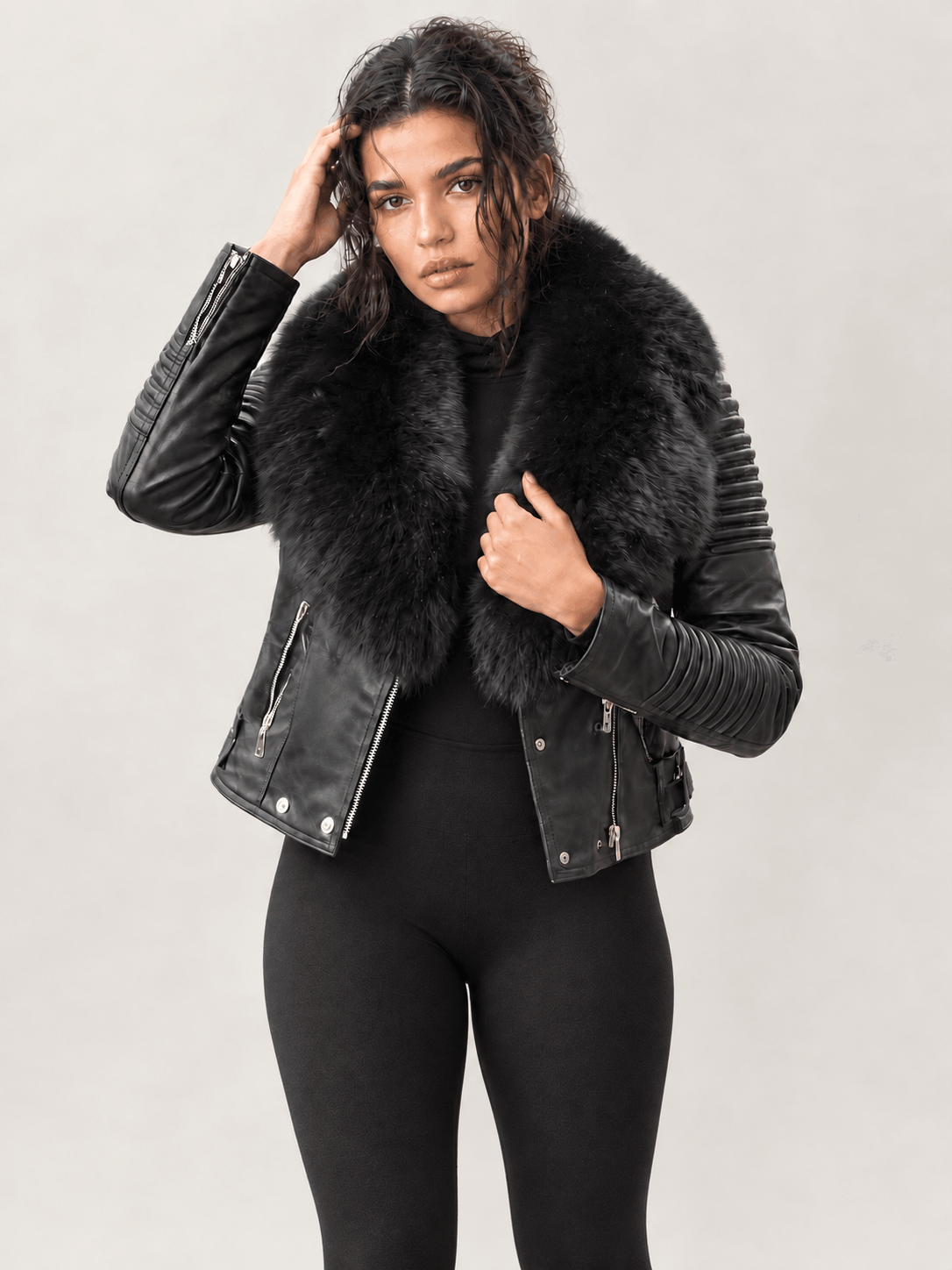 Women's Black Leather Biker Jacket With Fur Trim