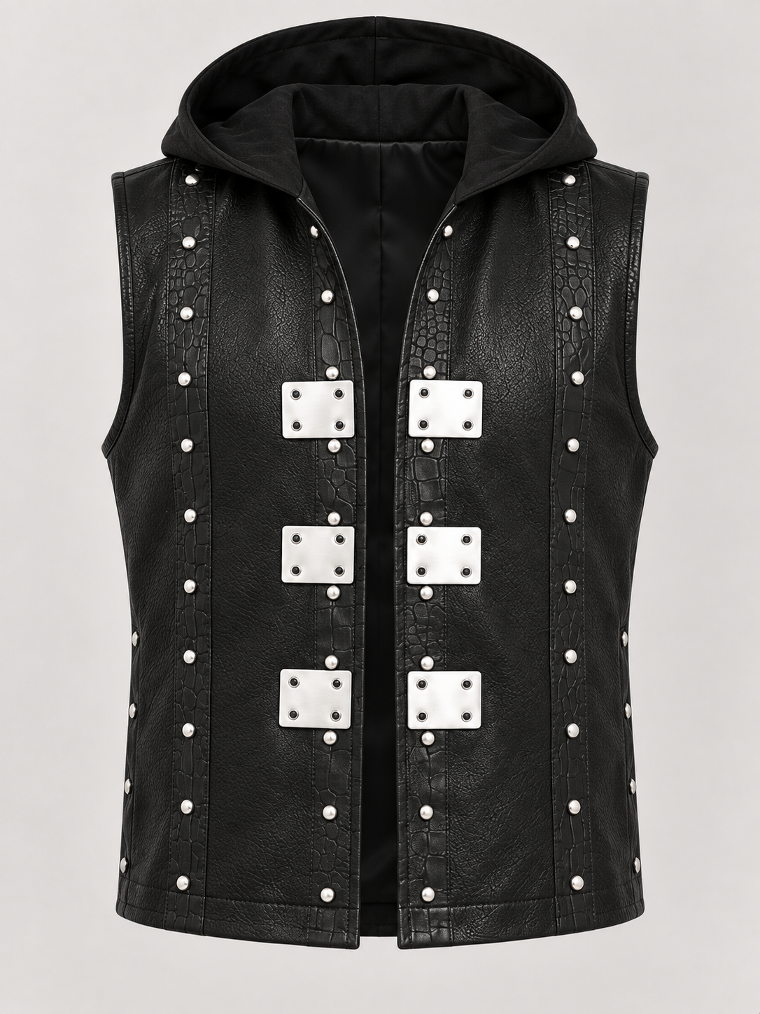 Men's Halloween Black Studded Hooded Leather Vest - Image 5