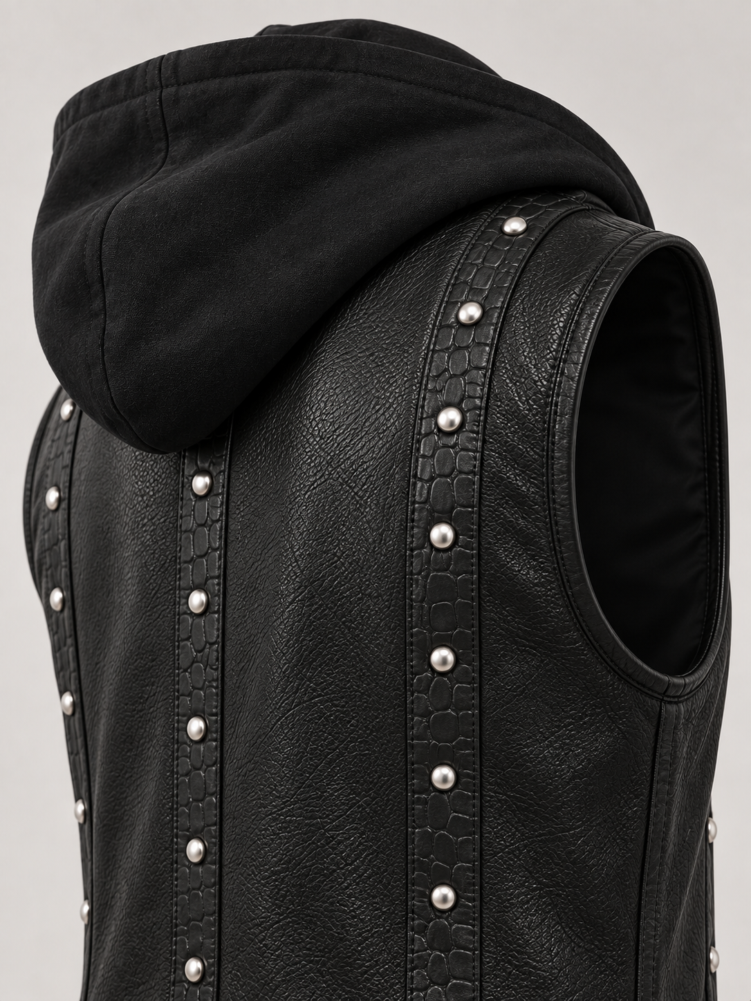 Men's Halloween Black Studded Hooded Leather Vest - Image 6