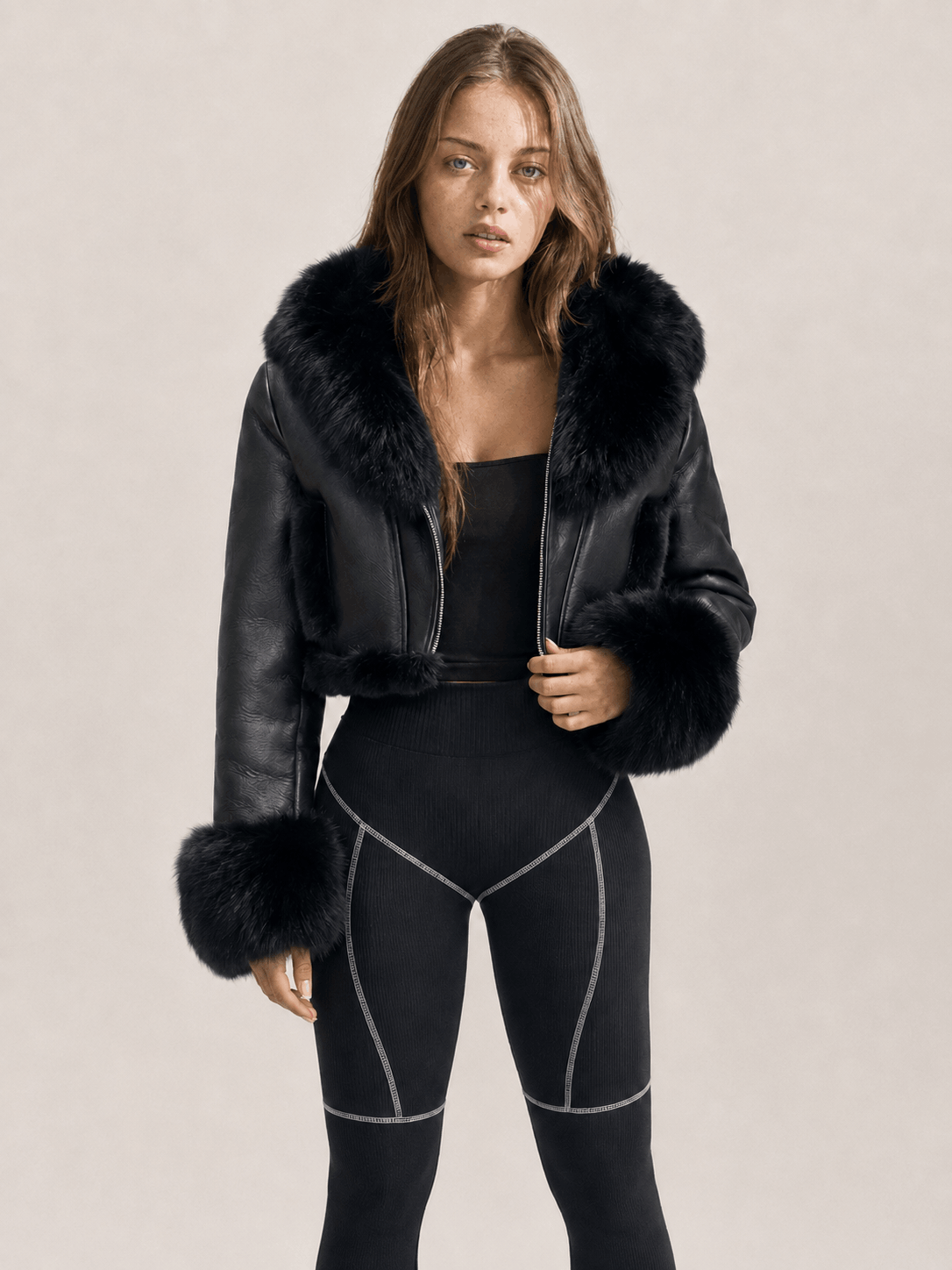 Women's Black Cropped Shearling Leather Jacket